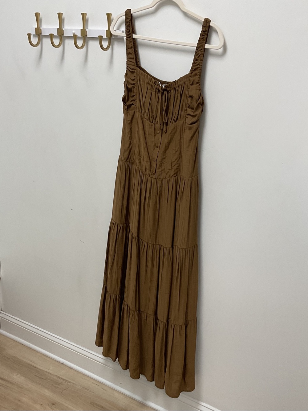 Sage Brown Tiered Maxi Dress with Ruched Bodice